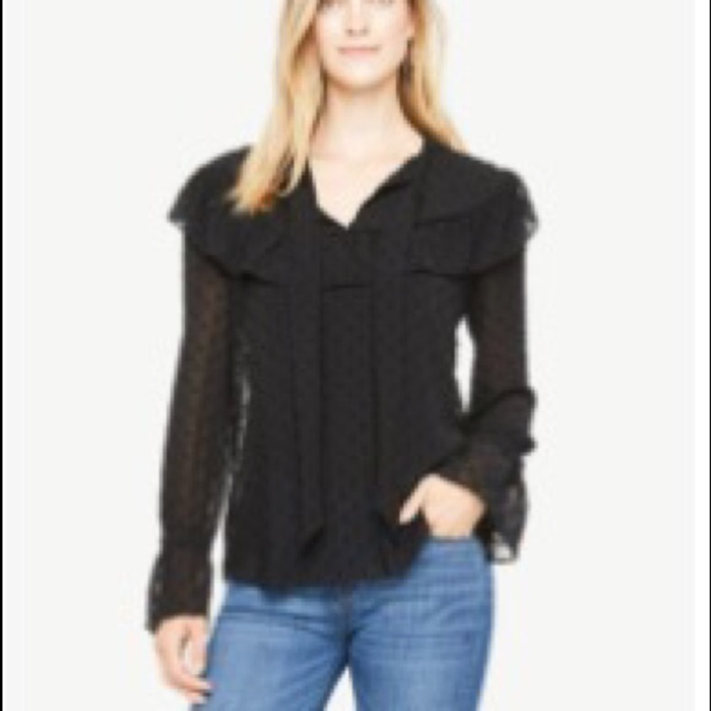 Ann Taylor dotted ruffle tie neck top